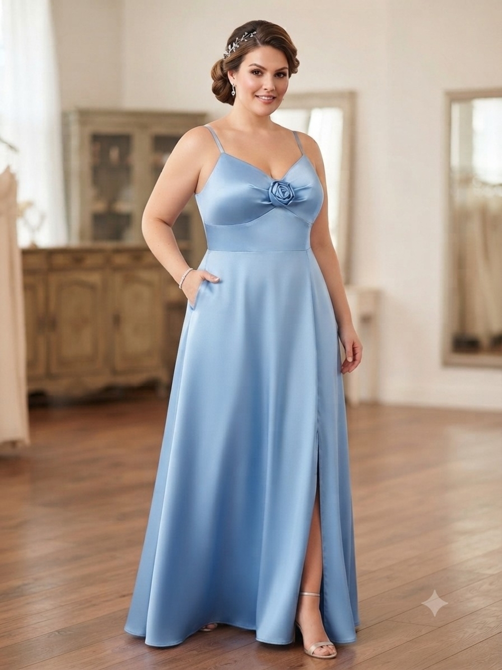 Next Up Rosette-Trim Empire-Waist Side-Slit Gown